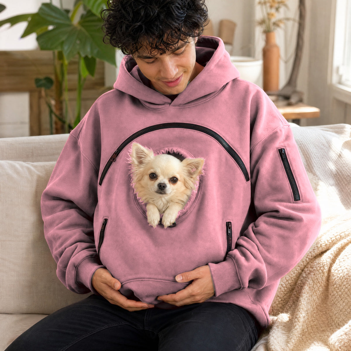Rosa - en casa con su chihuahua en la sudadera Nidito