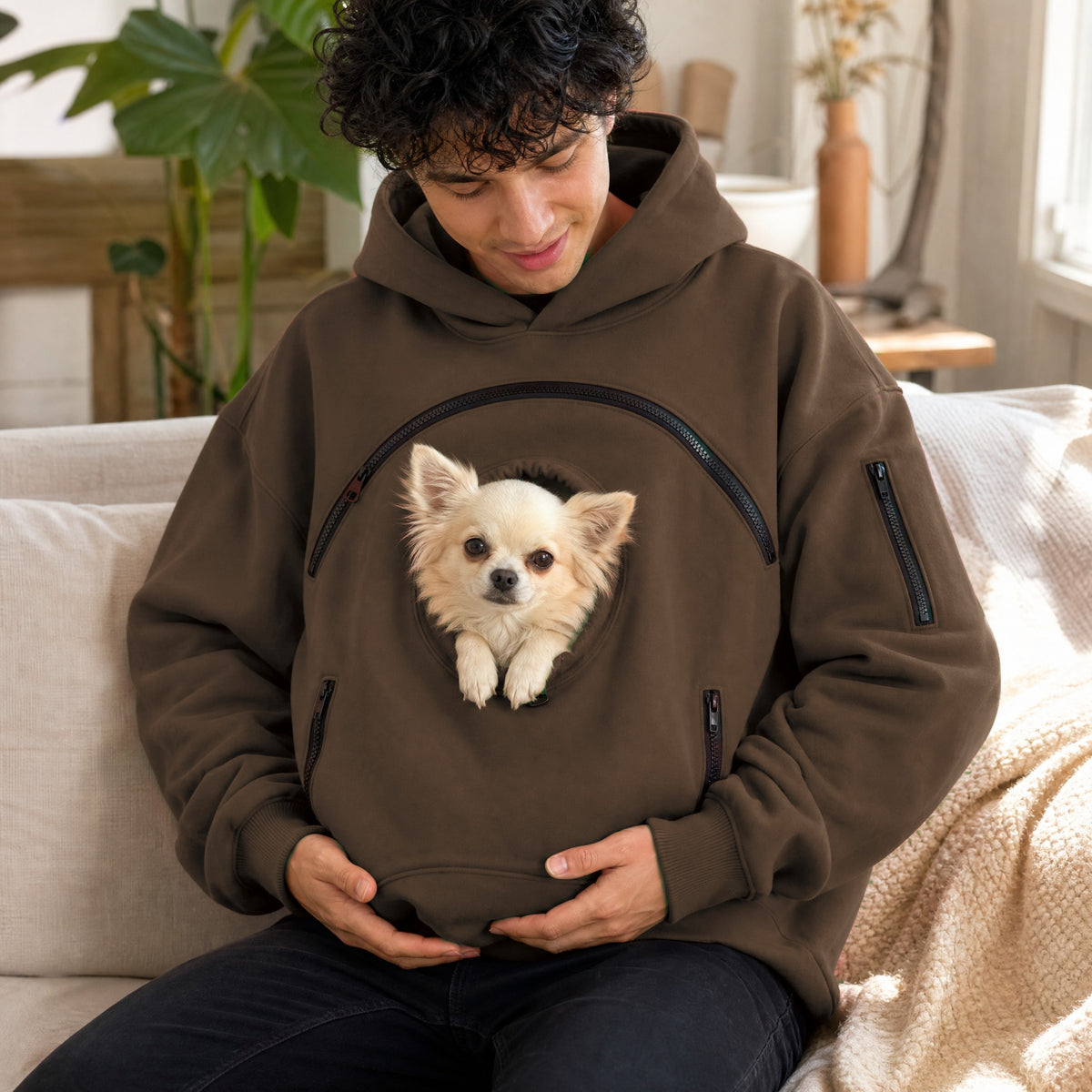 Marrón - en casa con su chihuahua en la sudadera Nidito