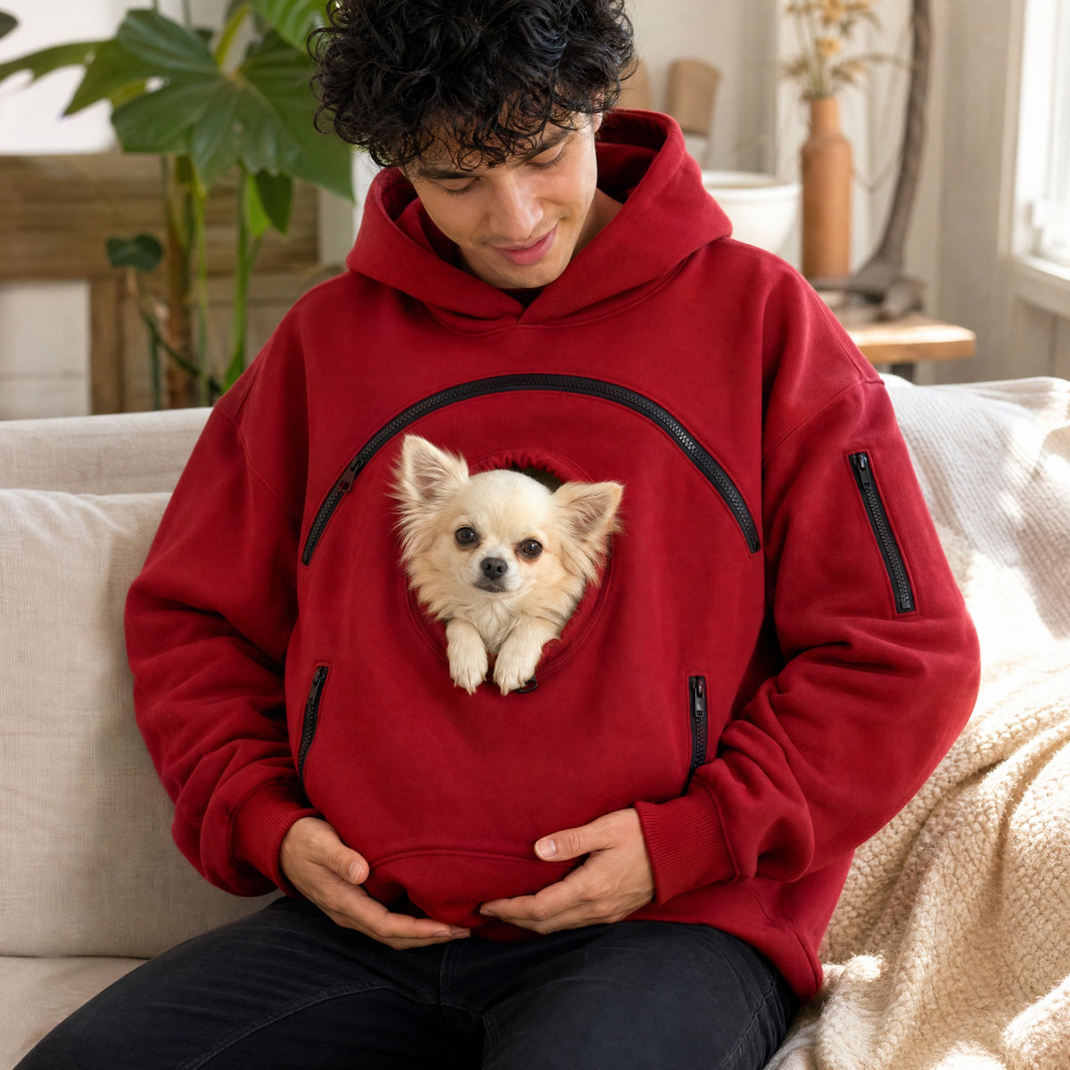 Rojo teja - en casa con su chihuahua en la sudadera Nidito