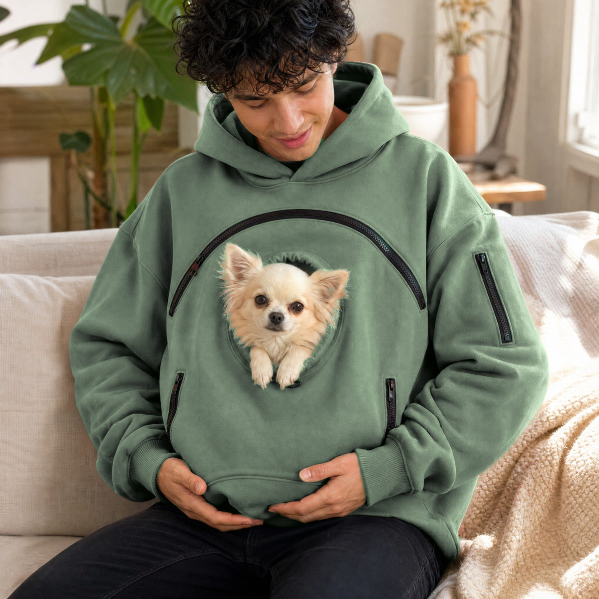 Verde salvia - en casa con su chihuahua en la sudadera Nidito